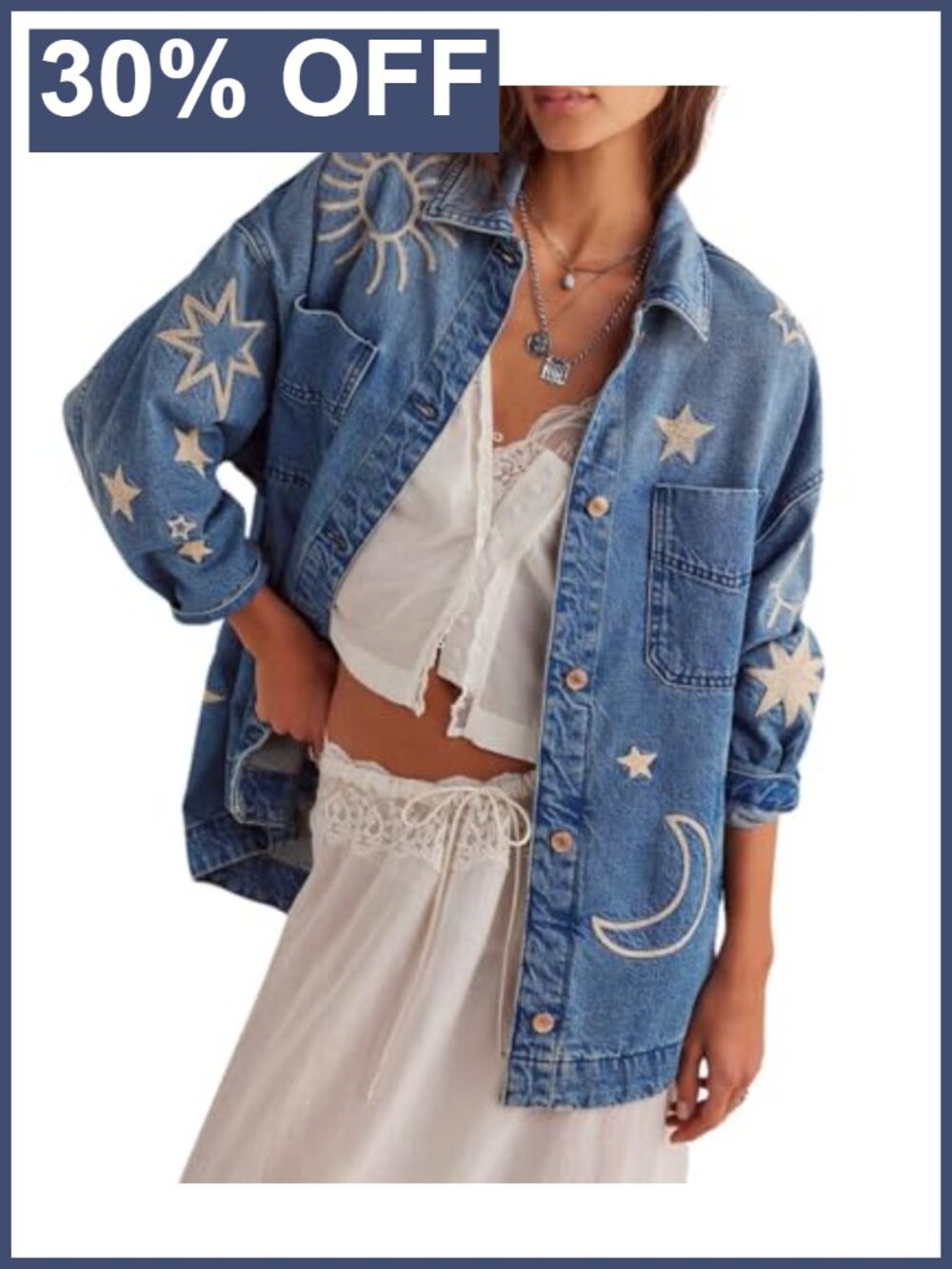Vintage Oversized Denim Jacket Embroidered Graphic Button Down Casual Loose Fit